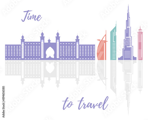 United Arab Emirates skyscrapers silhouette. Dubai buildings, hotels and symbol vector illustration. Dubai city skyline. Towers and landmarks cityscape. Camel. Design for banner, poster or print.