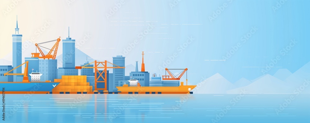 Fototapeta premium Aerial view of industrial port, cranes and cargo ships, flat design illustration
