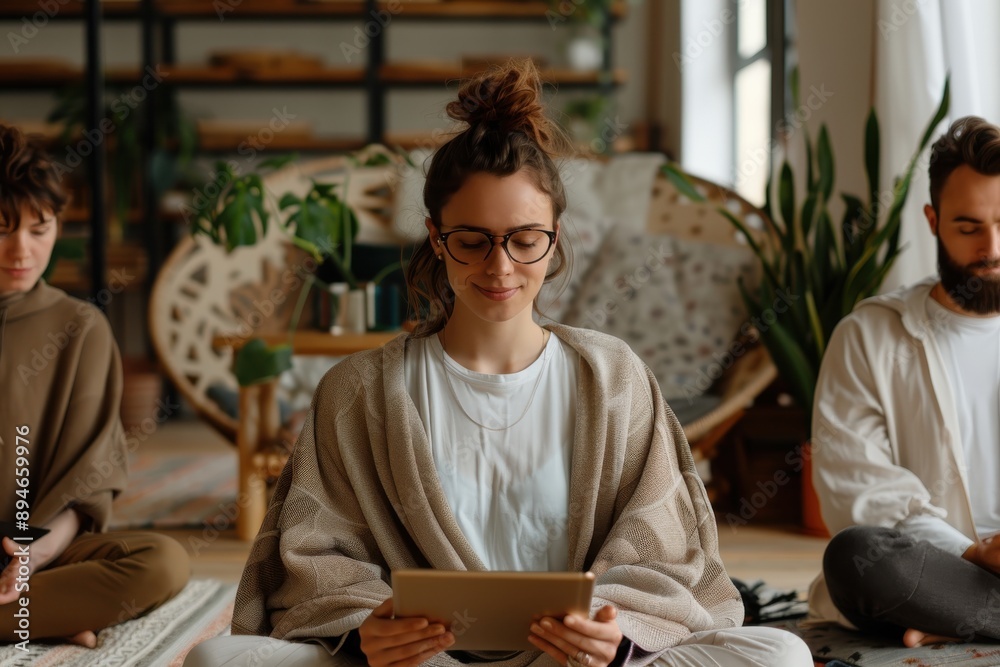 A group of people in a room with plants and shelves, focused on their electronic devices, suggesting a serene yet connected environment. A group of people in a room with plants and shelves, focused on their electronic devices, suggesting a serene yet connected environment.