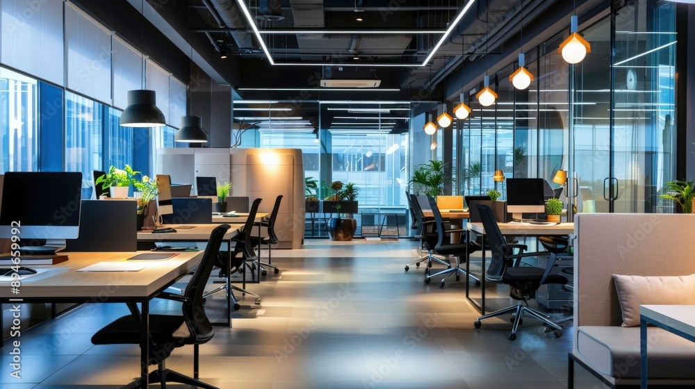 A modern office interior featuring sleek furniture, ample natural light, and greenery creating a productive workspace. A modern office interior featuring sleek furniture, ample natural light, and greenery creating a productive workspace.