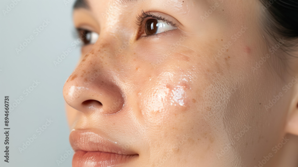 Fototapeta premium Effective Kojic Acid Treatment for Lightening Acne Scars on South Korean Woman’s Face with Smooth Even Skin Tone
