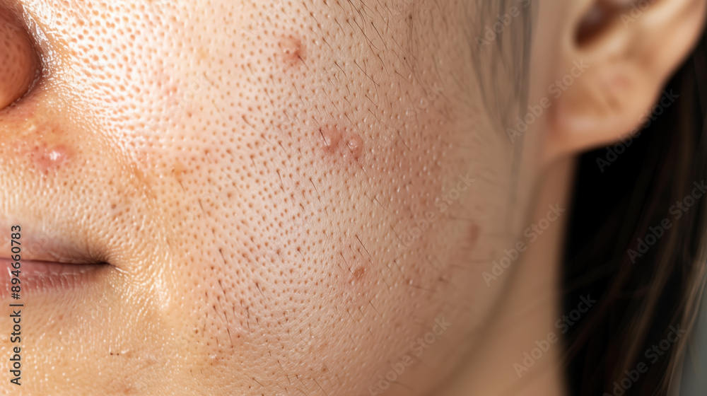 Obraz premium Kojic Acid Lightening Acne Scars on South Korean Woman’s Face with Focus on Even Skin Tone and Clear Complexion