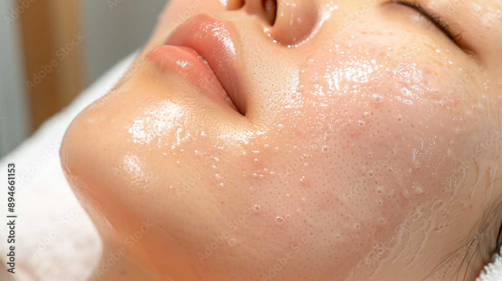 Fototapeta premium Medical Treatment of Severe Acne with Dapsone Gel on South Korean Woman's Face