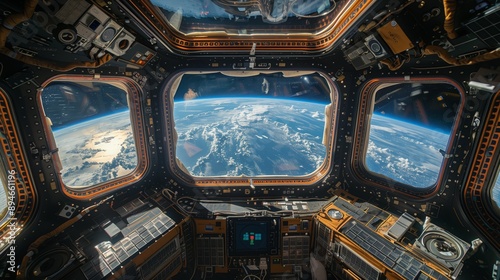 Fototapeta Naklejka Na Ścianę i Meble -  A view of Earth from a space station window, with students attending classes in the foreground.