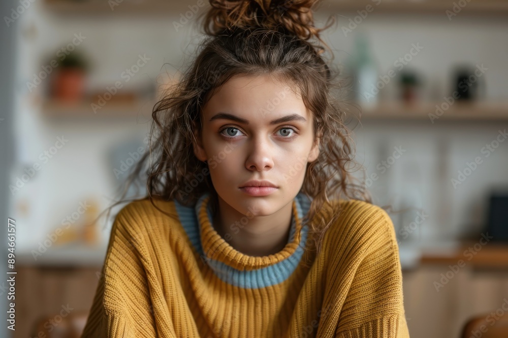 Fototapeta premium A young woman with curly hair, wearing a cozy sweater, looks serious while sitting indoors, capturing a moment of contemplation in a modern setting.