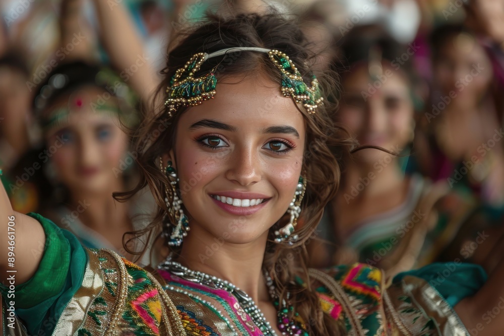 Fototapeta premium A young woman in vibrant traditional attire smiles joyfully while dancing, surrounded by others in similar attire, capturing a moment of cultural celebration.