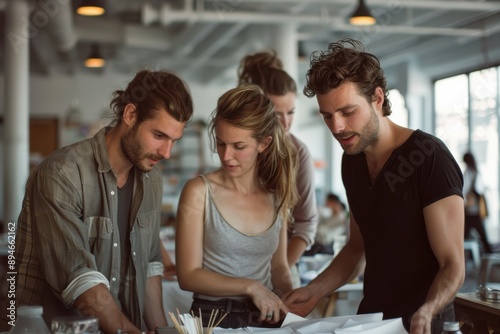 A group of young professionals collaborates on a project, navigating through paperwork and ideas in a bright, modern office setting, emphasizing teamwork and innovation.
