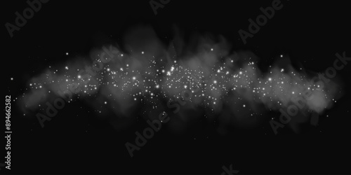 Fantastic smoke background. Magic smoke with glitter and small particles of twinkling stars, fog with glowing particles, gray vapor with stardust. Vector illustration.	