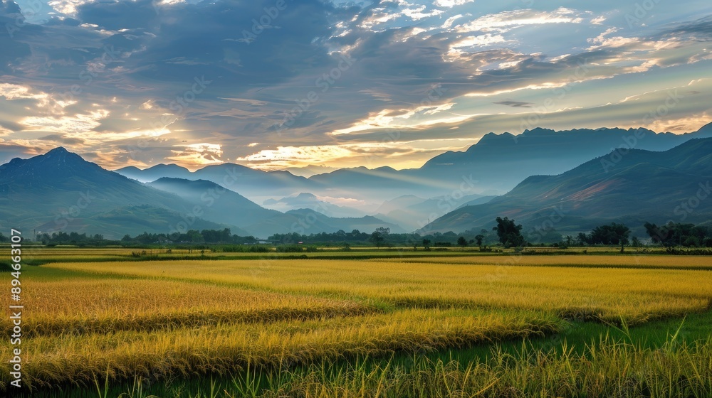 Fields and mountains landscape in the evening Fields and mountains landscape in the evening