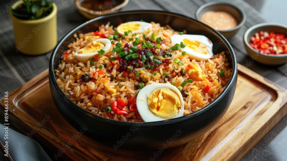 Fish and boiled egg combined with fried berry flavored rice Fish and boiled egg combined with fried berry flavored rice