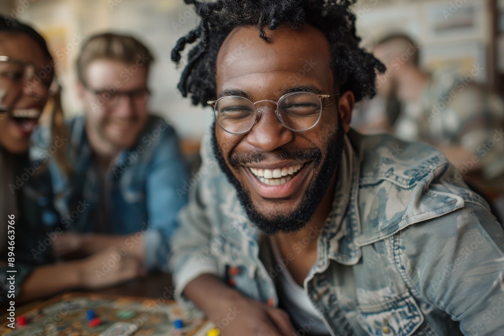 A man with glasses and a broad smile is having an exciting time with his friends while playing a board game, creating an atmosphere of hilarity and enjoyment in a bustling cafe. A man with glasses and a broad smile is having an exciting time with his friends while playing a board game, creating an atmosphere of hilarity and enjoyment in a bustling cafe.