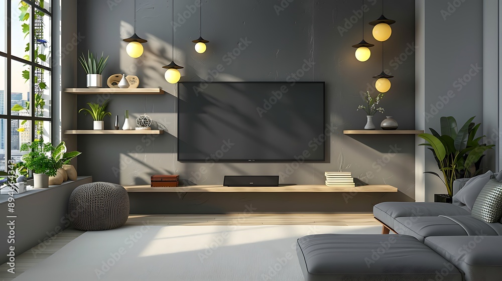 Minimalist TV stand with floating shelves and sleek design in a high-tech living room Minimalist TV stand with floating shelves and sleek design in a high-tech living room