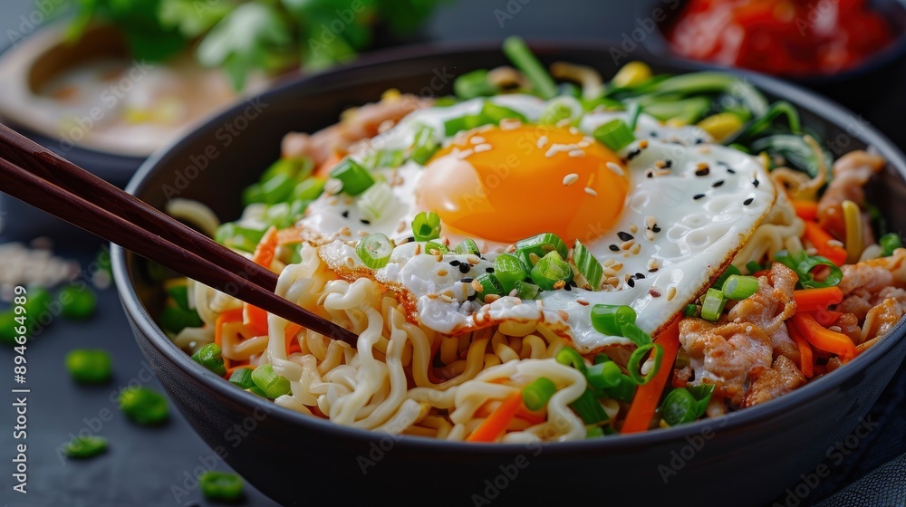 In A Close-Up Shot, A Woman Is Seen Enjoying Rice Noodles With A Fried Egg