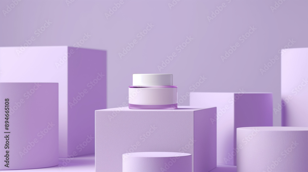 Highly Detailed 3D Render of a White Cylinder Skin Care Cream Container with Hard Edges, Small Size, Studio Environment, Light Purple Color