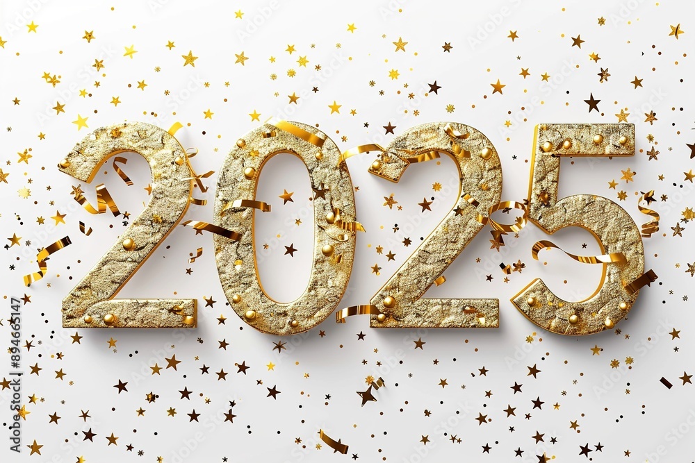 Festive background Happy New Year 2025. Gold numbers 2025, on a white background with shiny gold stars.