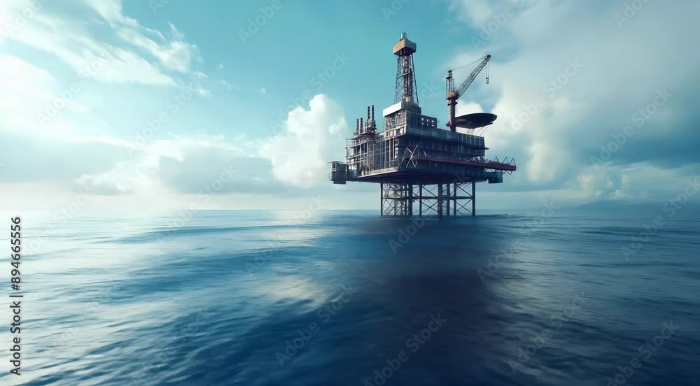 Large industrial offshore oil rig against a cloudy sky and calm sea backdrop Large industrial offshore oil rig against a cloudy sky and calm sea backdrop