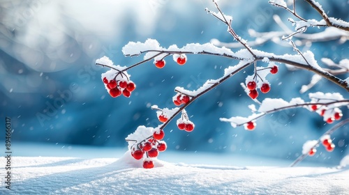 A branch covered in snow and red berries