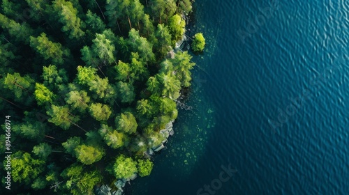 Create an aerial view of a blue lake with a stone shore and green woods featuring pine trees in summer in Finland. Highlight the vibrant blue of the lake against the stone shore and the lush green of  photo