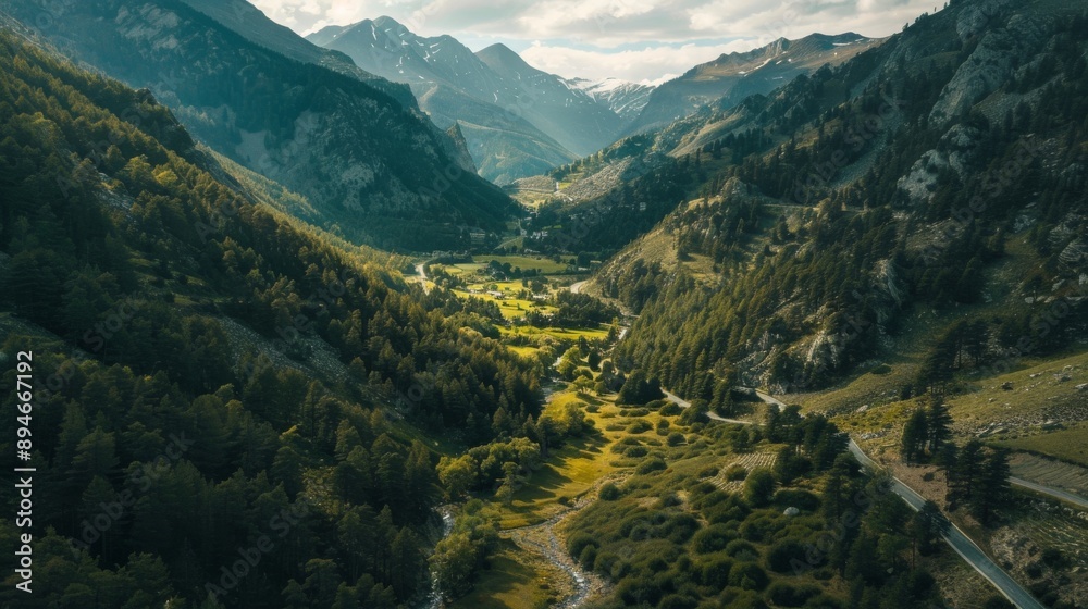 Naklejka premium Create an aerial view of the lush mountain landscape in Vall d'Incles, Canillo, Andorra. Emphasize the rich greenery and natural beauty of the mountainous terrain. Capture the expansive and vibrant sc