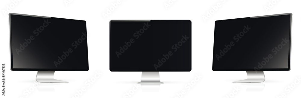 Computer screen mockup. Computer display on three sides with black screen isolated Computer screen mockup. Computer display on three sides with black screen isolated