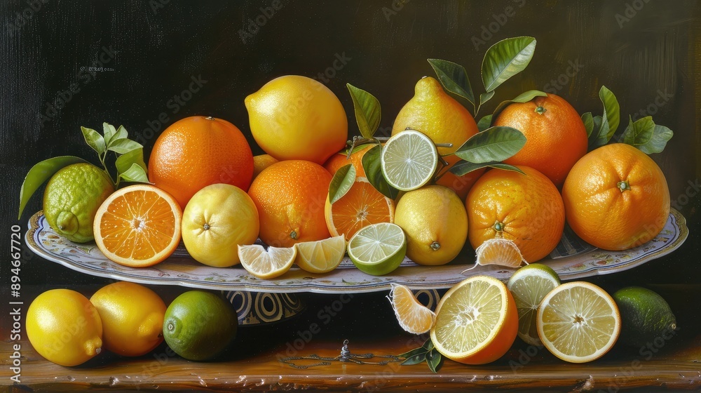 A still life of assorted citrus fruits, including oranges, lemons, and limes. A still life of assorted citrus fruits, including oranges, lemons, and limes.