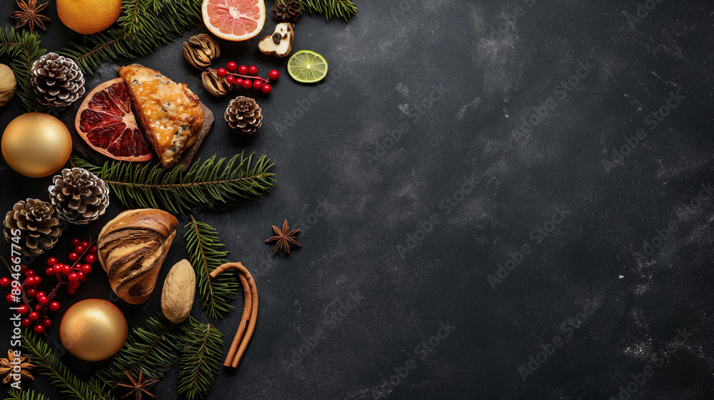 Christmas treats on a black background. Christmas sweets and attributes of the new year, top view Christmas treats on a black background. Christmas sweets and attributes of the new year, top view