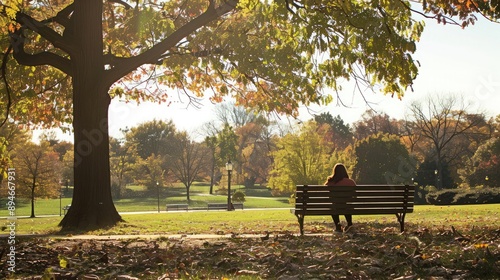 A student reading a book on a public bench, with a serene park background. © buraratn