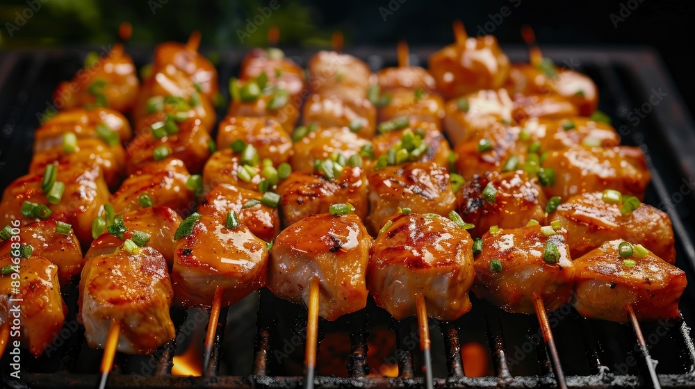 Picture Of Thai-Style Barbecued Pork Being Grilled On A Street Food Grill, Filling The Air With Aroma Picture Of Thai-Style Barbecued Pork Being Grilled On A Street Food Grill, Filling The Air With Aroma