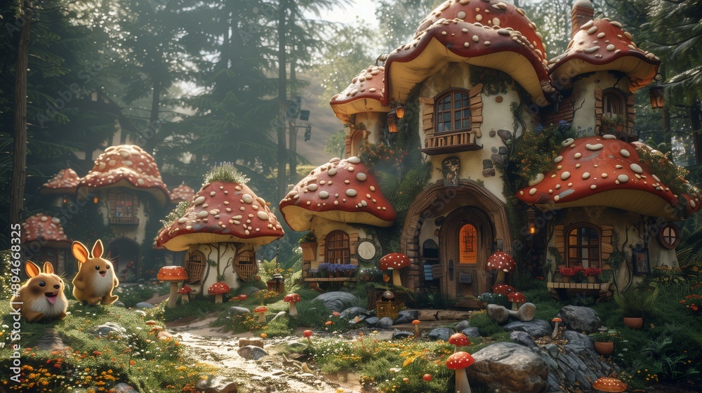 Obraz premium A quaint, fairytale schoolhouse made of mushrooms sits in a lush forest, with two bunnies sitting in front.