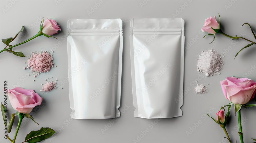 White Flexible Pouches Mockup Featuring Rose Extract, Clean Bright Gray Background, Minimalist Design with Cool Color Grading, Fashion Product Photography White Flexible Pouches Mockup Featuring Rose Extract, Clean Bright Gray Background, Minimalist Design with Cool Color Grading, Fashion Product Photography