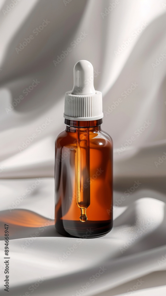 Amber Glass Dropper Bottle on White Silk: A close-up of a sleek amber glass bottle with a dropper, resting on a luxurious white silk fabric. Amber Glass Dropper Bottle on White Silk: A close-up of a sleek amber glass bottle with a dropper, resting on a luxurious white silk fabric.