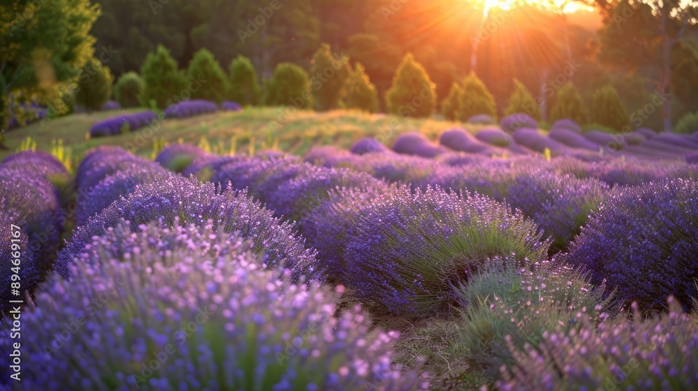 Naklejka premium A lavender farm at sunset, with rows of blooming lavender.