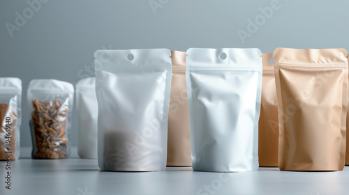 Elegant White Flexible Pouches Mockup with Sandalwood Extract on Gray Background, Aesthetic Cool Color Grading, Minimalistic Fashion Photo
