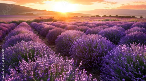 A lavender farm at sunset, with rows of blooming lavender.