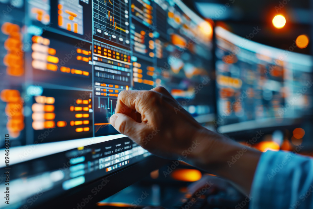 Data Driven Decisions: Close-up of a hand interacting with a large, multi-monitor setup, showcasing dynamic data visualizations and intricate digital dashboards. Data Driven Decisions: Close-up of a hand interacting with a large, multi-monitor setup, showcasing dynamic data visualizations and intricate digital dashboards.