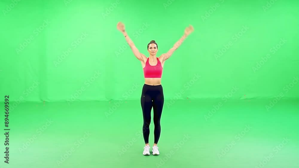 A fitness instructor in athletic wear, leading a class. Green screen backdrop. Bright, even lighting to reflect a gym environment. A fitness instructor in athletic wear, leading a class. Green screen backdrop. Bright, even lighting to reflect a gym environment.