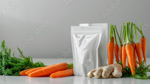 Aesthetic Cool Color Grading of White Flexible Pouches Mockup with Carrot Root Extract, Minimalistic Fashion Product Photography on Clean Bright Gray Background photo