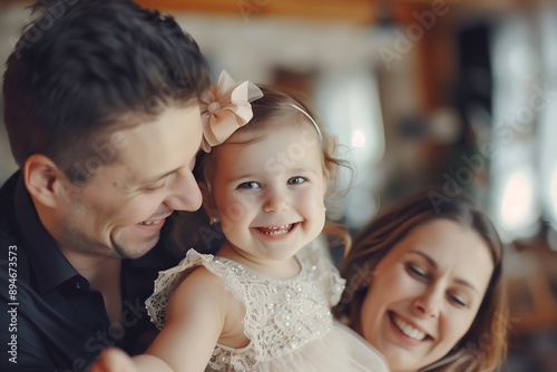 Happy parents, mum and dad next to their little daughter, concept of happy parenthood, families, a scene from the life of a family with a little child