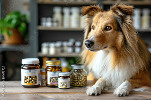 A dog sitting next to a collection of health supplements for pets