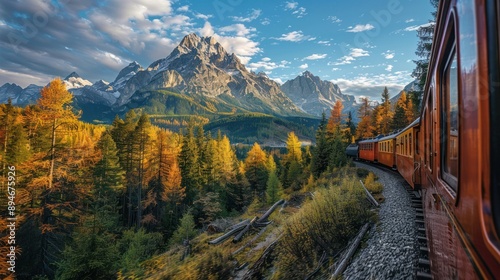 Scenic mountain view from a train window, illustrating the stunning vistas experienced during train travel photo