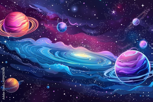 Fototapeta Naklejka Na Ścianę i Meble -  A colorful space scene with a spiral galaxy and several planets