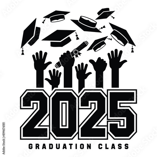Lettering Graduate 2025 for greeting, invitation card. Graduation from school, tradition of throwing caps up. Text for graduation design, congratulation event, T-shirt, party, high school or college g