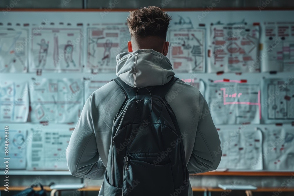 Fototapeta premium A man wearing a backpack stands in front of a white board with drawings on it
