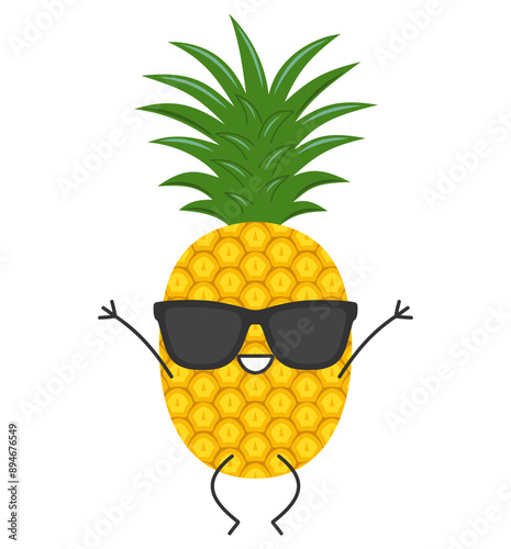 Pineapple fruit jumping greeting cute character cartoon sweet smiling face cheerful kawaii joy happy emotions icon vector illustration.