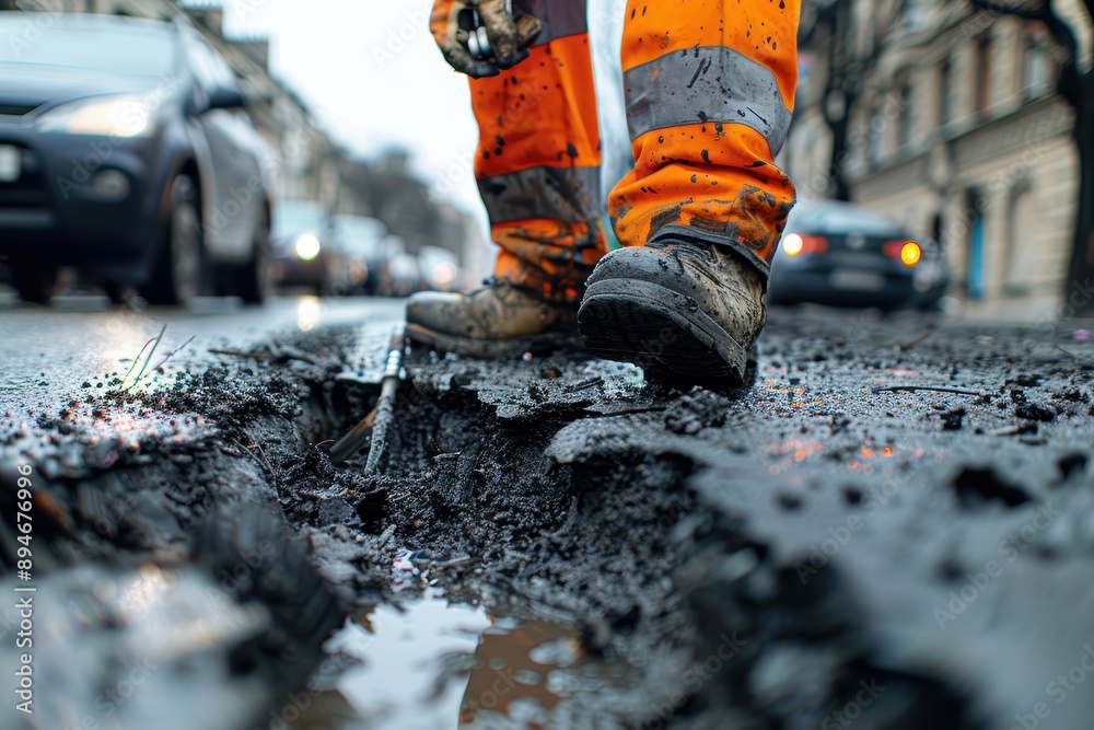 A man in orange boots is walking on a road with a puddle of water A man in orange boots is walking on a road with a puddle of water