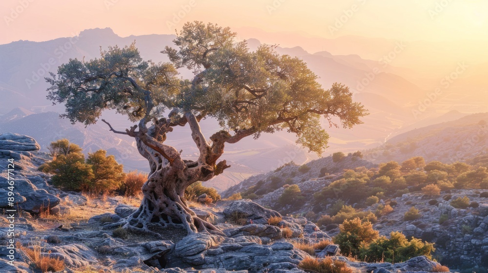 Ancient Olive Tree on a Mountaintop at Sunset Ancient Olive Tree on a Mountaintop at Sunset