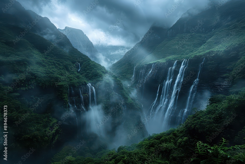 Fototapeta premium A lush green mountain range with misty clouds and waterfalls