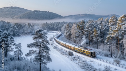 A train traveling through a snowy landscape, capturing the magic of winter journeys photo