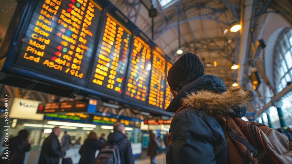 A train timetable display in a bustling station, keeping passengers informed about their travel plans A train timetable display in a bustling station, keeping passengers informed about their travel plans