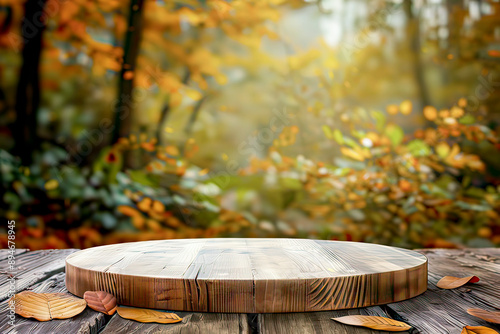 Empty wooden product podium  on autumn  background. Podium for design, cosmetic and product, presentation, fall concept.